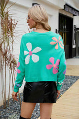 BEAUTIFUL I AM Flower Round Neck Drop Shoulder Sweater