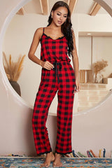 BEAUTIFUL I AM Plaid Lace Trim Spaghetti Strap Jumpsuit Sleep Wear