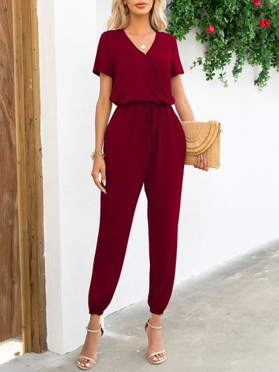 BEAUTIFUL I AM Short Sleeve V-Neck Pants Jumpsuit with Pockets