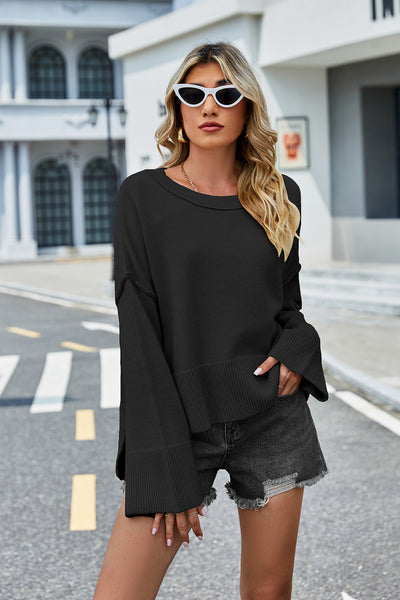 BEAUTIFUL I AM Round Neck Dropped Shoulder Slit Sweater