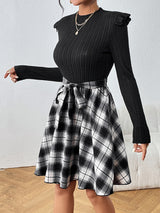 BEAUTIFUL I AM Plaid Ruffle Shoulder Round Neck Dress