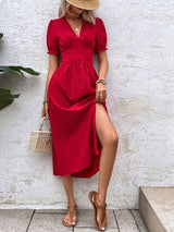 BEAUTIFUL I AM V-Neck Decorative Button Slit Midi Dress