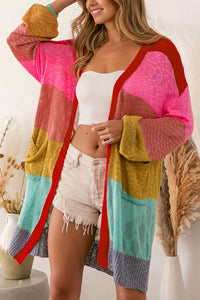 BEAUTIFUL I AM Color Block Open Front Cardigan with Pockets