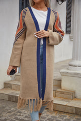 BEAUTIFUL I AM Geometric Fringe Hem Open Front Duster Cardigan