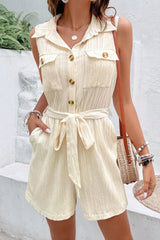 BEAUTIFUL I AM Collared Neck Buttoned Tie Waist Shorts Sleeveless Romper