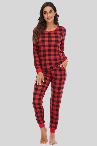 BEAUTIFUL I AM Plaid Round Neck Top Sleep Wear Set