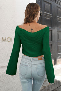 BEAUTIFUL I AM Cropped V-Neck Flare Sleeve Knit Top Shirt