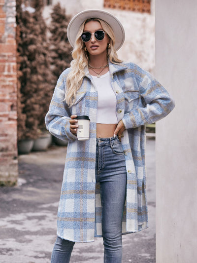 BEAUTIFUL I AM Plaid Dropped Shoulder Slit Jacket Coat