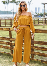 BEAUTIFUL I AM Off-Shoulder Blouse and Drawstring Waist Pants Set