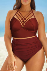 BEAUTIFUL I AM Halter Neck Crisscross Ruched Two-Piece Swimsuit Swim Set