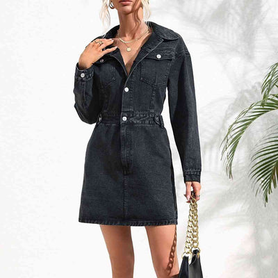 BEAUTIFUL I AM Buttoned Collared Neck Denim Mini Dress