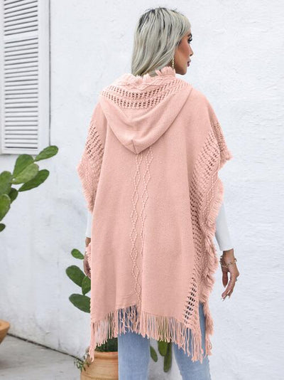 BEAUTIFUL I AM Fringe Trim Buttoned Hooded Poncho