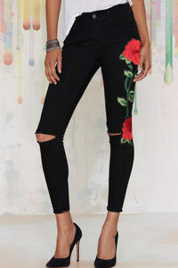 BEAUTIFUL I AM Full Size Rose Embroidery Cutout Jeans