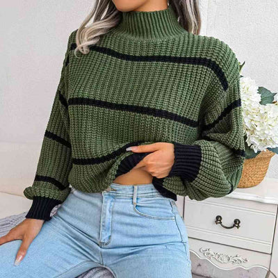 BEAUTIFUL I AM Striped Mock Neck Dropped Shoulder Sweater