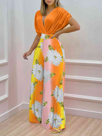 BEAUTIFUL I AM Printed Surplice Top and Wide Leg Pants Set