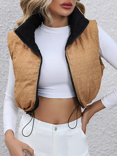 BEAUTIFUL I AM Drawstring Zip-Up Cropped Vest Jacket