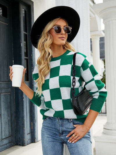 BEAUTIFUL I AM Checkered Round Neck Sweater