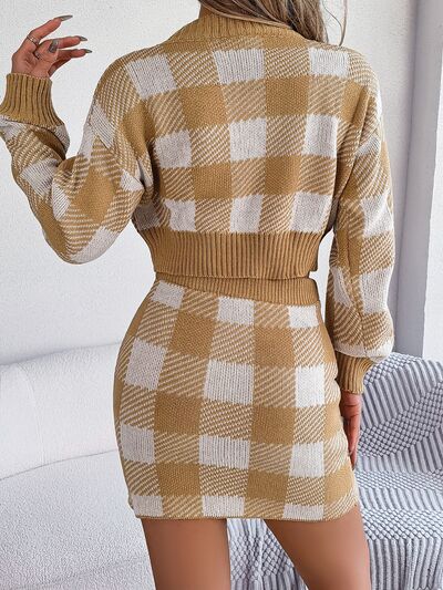 BEAUTIFUL I AM Plaid Round Neck Top and Skirt Sweater Set