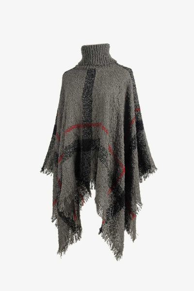 BEAUTIFUL I AM Plaid Turtleneck Raw Hem Poncho