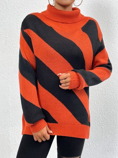 BEAUTIFUL I AM Striped Turtleneck Dropped Shoulder Sweater