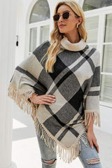 BEAUTIFUL I AM Plaid Turtleneck Fringe Hem Poncho