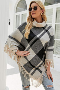 BEAUTIFUL I AM Plaid Turtleneck Fringe Hem Poncho