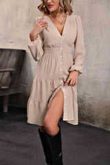 BEAUTIFUL I AM V Neck Button Up Tiered Dress