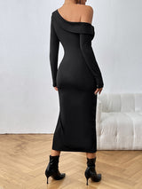 BEAUTIFUL I AM Asymmetrical Neck Long Sleeve Slit Dress