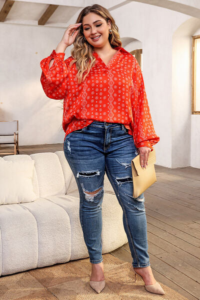 BEAUTIFUL I AM Plus Size Printed Johnny Collar Long Sleeve Blouse Shirt