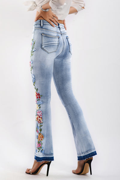 BEAUTIFUL I AM Full Size Flower Embroidery Wide Leg Jeans