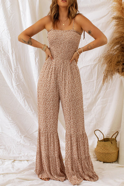 BEAUTIFUL I AM Floral Spaghetti Strap Smocked Wide Leg Pants Jumpsuit