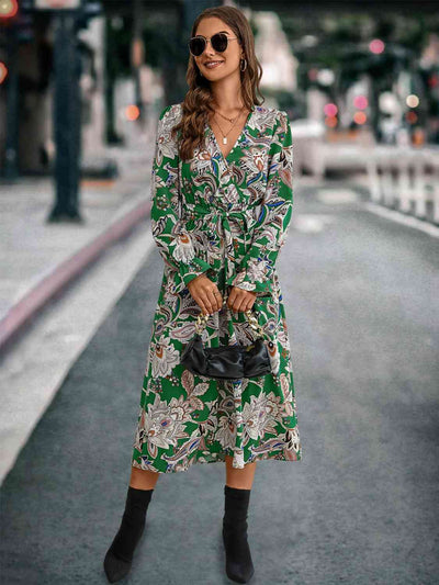 BEAUTIFUL I AM Printed Tie Front Surplice Flounce Sleeve Dress