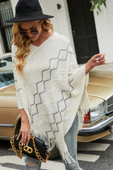 BEAUTIFUL I AM Pearl Trim V-Neck Fringe Hem Poncho