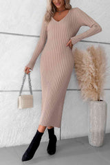 BEAUTIFUL I AM V-Neck Long Sleeve Ribbed Sweater Dress