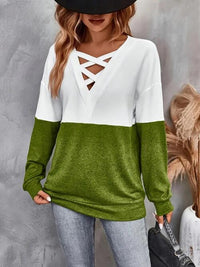 BEAUTIFUL I AM Contrast Crisscross V-Neck Long Sleeve Top Shirt