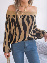 BEAUTIFUL I AM Off-Shoulder Animal Print Long Sleeve Sweater