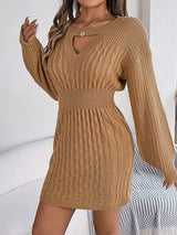 BEAUTIFUL I AM Cable-Knit Cutout Round Neck Slit Sweater Dress