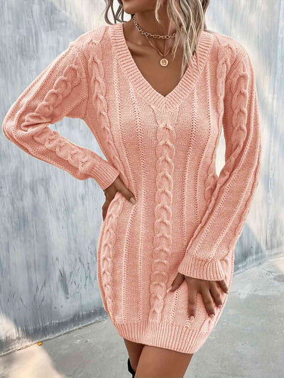 BEAUTIFUL I AM Cable-Knit V-Neck Sweater Dress