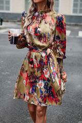 BEAUTIFUL I AM Printed Tie Waist Mock Neck Lantern Sleeve Dress