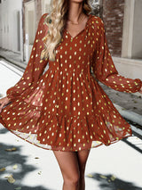 BEAUTIFUL I AM Tie Neck Long Sleeve Polka Dot Dress