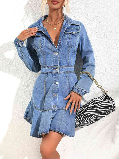 BEAUTIFUL I AM Collared Neck Button Down Denim Dress