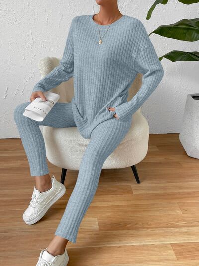 BEAUTIFUL I AM Ribbed Round Neck Top and Pants Set