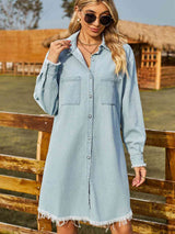 BEAUTIFUL I AM Button Up Collared Neck Raw Hem Denim Dress