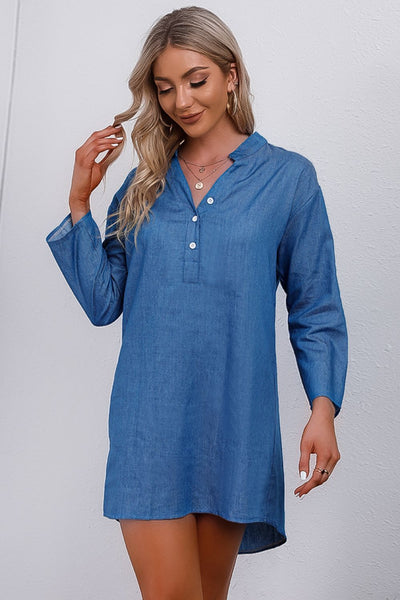 BEAUTIFUL I AM Half-Button Notched Neck High-Low Denim Dress