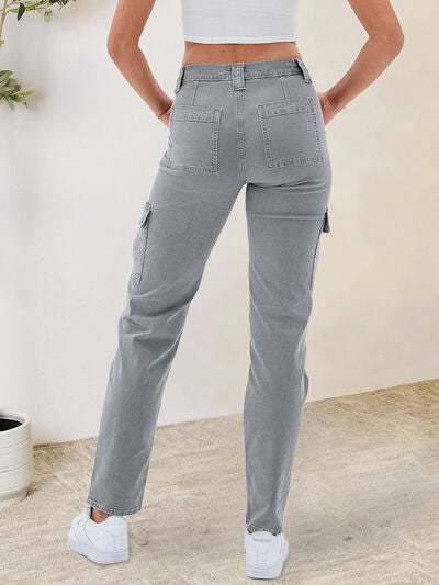 BEAUTIFUL I AM Buttoned Straight Jeans with Cargo Pockets