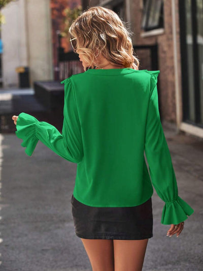 BEAUTIFUL I AM Ruffled V-Neck Flounce Sleeve Shirt