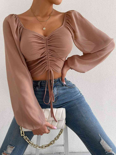 BEAUTIFUL I AM Drawstring Sweetheart Neck Cropped Top Shirt