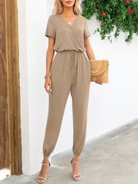 BEAUTIFUL I AM Short Sleeve V-Neck Pants Jumpsuit with Pockets