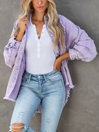 BEAUTIFUL I AM Button Down Raw Hem Denim Jacket