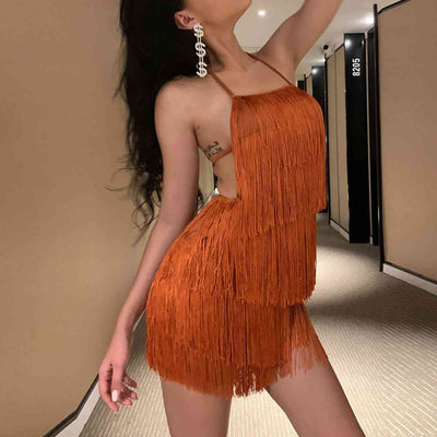 BEAUTIFUL I AM Fringed Halter Neck Tied Back Mini Dress